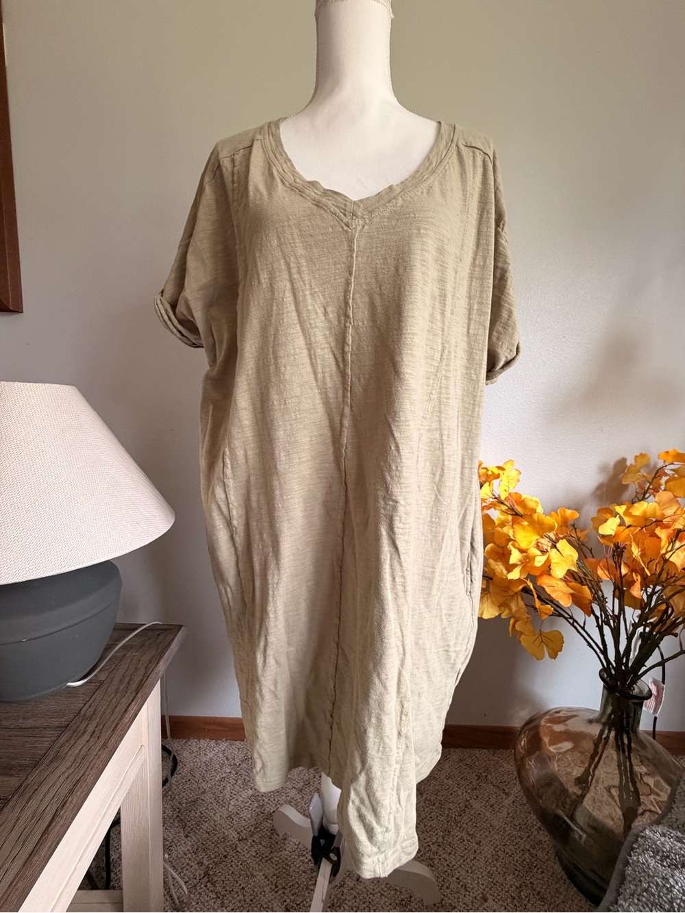 Relaxed Olive Midi Dress with Rolled Short Sleeves